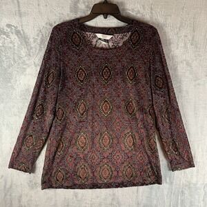 Marina Basic Women's Velvet Burnout Top Long Sleeve Italy Geometric‎ Print Red M